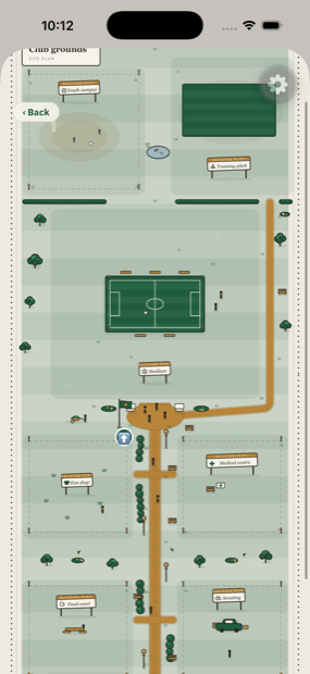 An illustrated map of the club grounds with the training pitch, buildings and paths between them.