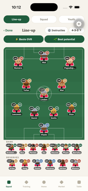 The line-up screen showing a 4-3-3 formation on a green pitch, with bench and reserve players listed below.