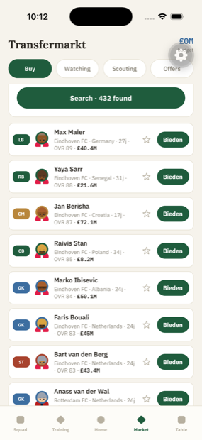 The transfer market listing 432 available players, each with position, club, age, rating and asking price.